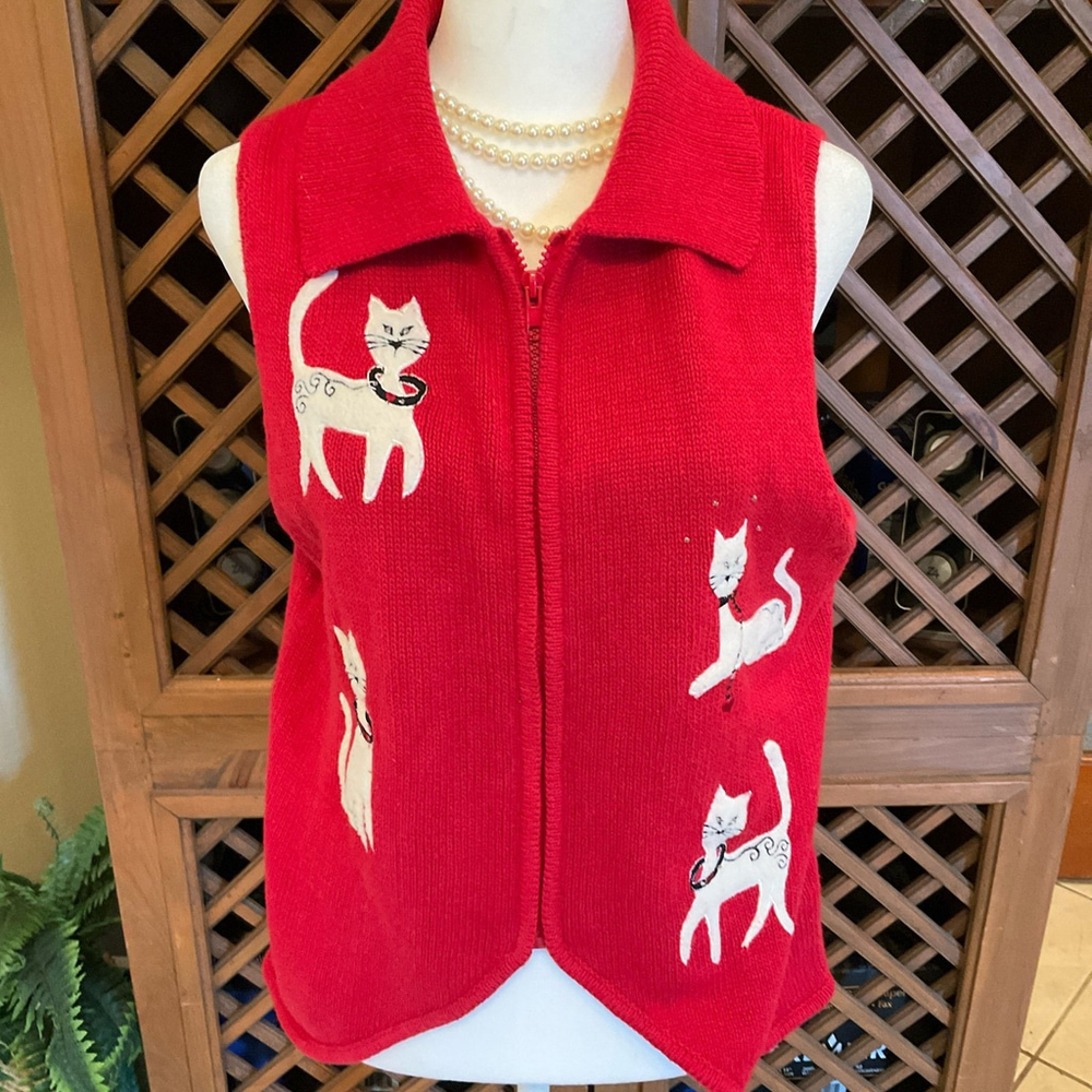 Vintage Compliments Womens Small Red Cat Knit Zippered Vest
